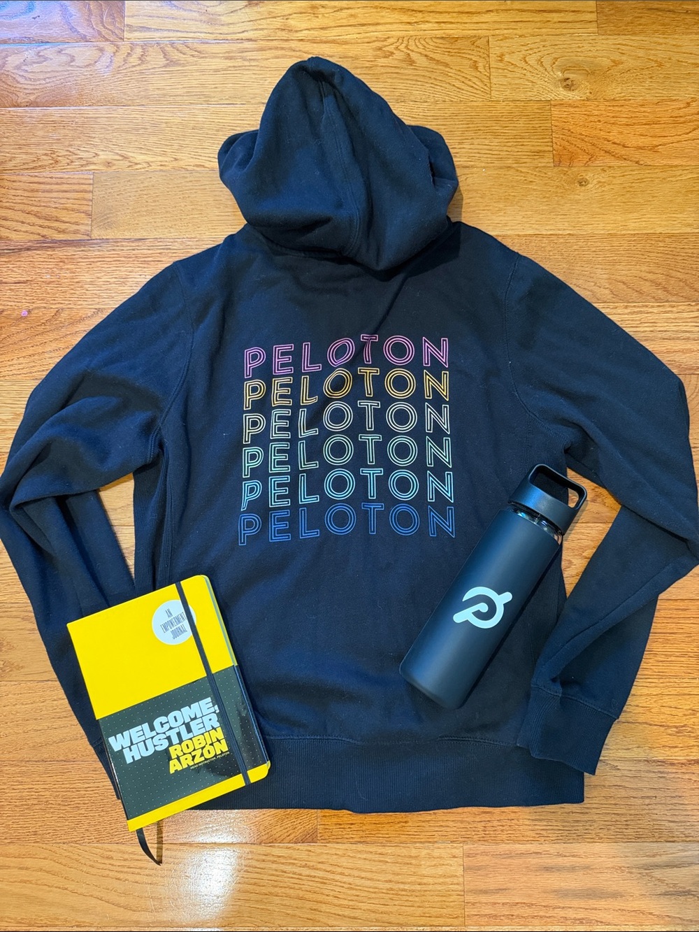 Peloton Black Crewneck Sweatshirt with Rainbow Stacked Logo Bundle